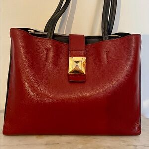 Furla Burgundy, Cognac and Black Leather Shoulder Bag with Gold Accent